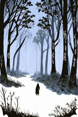 A whimsical ink illustration depicting a delicate, hand-drawn scene of a mystical forest at dusk. Tall trees with wispy branches stretch towards the sky, their trunks adorned with ancient runes that seem to glow in the soft, golden light. A lone figure, dressed in flowing robes, stands at the edge of the clearing, surrounded by a halo of mist and foliage.