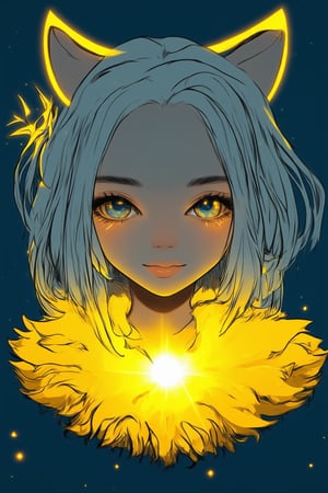 A vibrant yellow Solak surrounded by a warm glow, set against a deep blue background to emphasize its radiance. The subject's bright, inquisitive eyes sparkle with curiosity, framed by a subtle smile and a delicate, golden-hued crescent shape on their forehead. Soft, fluffy fur ruffles gently around the edges of the image, as if blown by an invisible breeze.