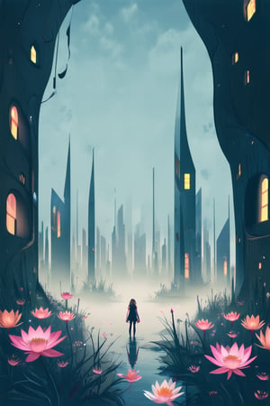 A surreal anime scene: a whimsical cityscape unfolds in the background, with towering buildings resembling twisted crystal formations. A lone figure, adorned with intricate cybernetic enhancements, stands at the edge of a misty lake, surrounded by floating lanterns and ethereal lotus blooms. Soft pastel hues dance across the landscape under an otherworldly glow.