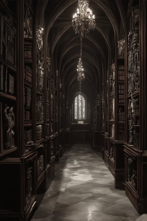 A dimly lit, ornate museum hallway is shrouded in an aura of mystique. Rows of ancient artifacts and relics line the walls, their intricate carvings and symbols glowing softly under flickering candelabras. Shelves upon shelves of leather-bound tomes and mysterious scrolls seem to whisper secrets to each other. The air is heavy with the scent of old parchment and forgotten knowledge.