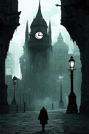 A dreamlike cityscape unfolds, where melting clock towers twist into impossible shapes, surrounded by fog-shrouded streets and eerie lamp posts. A lone figure, face obscured by a gas mask, walks down the center of the frame, surrounded by an aura of misty mystery.