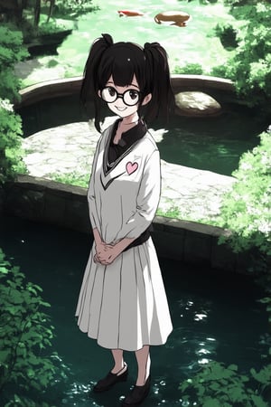 A young, bespectacled girl, Flat Honor Chara, stands confidently with her hands clasped behind her back, wearing a crisp white school uniform and a warm smile. Soft, diffused light illuminates her face from above, casting a gentle glow on her features. The background is a blurred out-of-focus image of a tranquil Japanese garden, complete with serene koi pond and lush greenery. Her dark hair is tied in two small ponytails, framing her heart-shaped face.