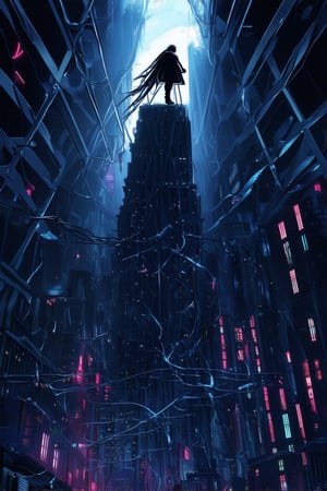 A futuristic cityscape at dusk, a fusion of neon lights and industrial grit. A lone figure, shrouded in shadows, stands atop a crumbling skyscraper. Fractured steel beams and tangled wires frame the subject's profile, as if trapped within a cybernetic dreamscape. Flickering holographic advertisements dance in the background, casting an eerie glow.