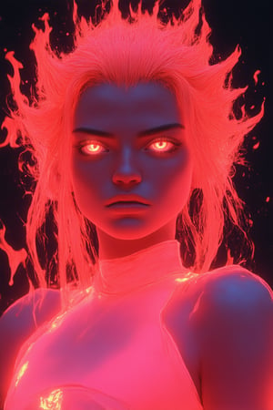 A bold and vibrant image featuring a fierce pink color as the dominant hue. A close-up shot of a fiery red-haired woman stands out against a dark background, her facial expression a mix of determination and defiance. Her eyes blaze with intensity, illuminated by a warm golden light that casts a subtle glow on her features. The pink tone is used sparingly yet effectively in her hair, which appears to be ablaze as she prepares for battle.