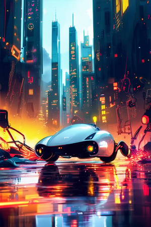 A vibrant, futuristic cityscape at dusk, with neon lights reflecting off wet asphalt. A sleek, silver hovercar zooms by, leaving a trail of sparks in its wake. In the foreground, a retro-futuristic robot with glowing blue eyes and metallic limbs poses confidently, surrounded by discarded machinery and debris.