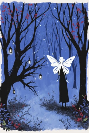 A whimsical ink illustration featuring a mystical forest at dusk. A lone faerie perches on a gnarled tree branch, her delicate wings splayed like a butterfly's. The surrounding foliage is rendered in bold strokes of indigo and crimson, with dappled shadows beneath the whispering leaves. The atmosphere is hushed, with fireflies flickering like tiny lanterns amidst the twinkling starlight.