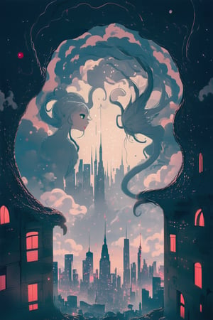 A surreal anime scene unfolds: a delicate, lace-like portal swallows a cityscape whole, as a mystical figure with intricately braided hair and ethereal wings floats amidst swirling clouds of crimson and indigo. Shimmering lights dance across the celestial canvas, refracted through wispy cirrus clouds, while urban structures twist into impossible shapes within the dreamlike vortex.