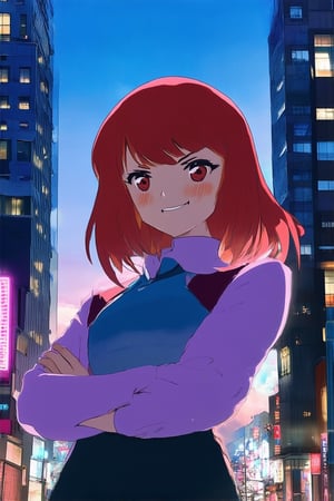 A vibrant anime scene: a young woman with striking red hair stands in front of a cityscape's neon-lit skyscrapers at dusk, her arms crossed and a confident smirk on her face as she gazes out at the bustling streets below. Soft pastel hues of pink and blue blend together to create a warm glow.