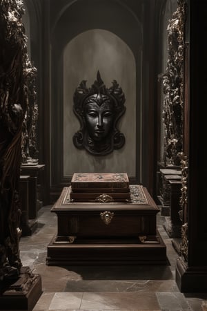 A dimly lit museum hallway with ancient artifacts on display, shrouded in an air of mystique. Wooden shelves and stone pedestals hold intricately carved wooden masks, glinting gemstones, and worn leather-bound tomes. The walls are adorned with faded tapestries, whispering secrets of forgotten civilizations. A lone spotlight casts an eerie glow, illuminating a mysterious, ornate box in the center of the room.