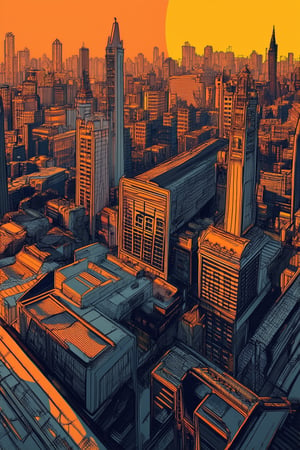 A whimsical illustration of a fantastical cityscape at sunset, with buildings and towers stretching out in a flat 2D plane. Vibrant colors and bold lines define the architecture, as a warm orange glow illuminates the scene from the top left corner, casting long shadows across the city's streets.