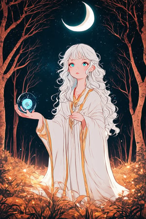 A whimsical, dreamlike scene unfolds in a flat art style, reminiscent of fantasy illustrations. In the foreground, a young sorceress with curly silver hair and sparkling blue eyes stands amidst a mystical forest. She wears a flowing white robe adorned with intricate golden trim, her hands grasping a glowing crystal orb. The surrounding trees are adorned with glittering fairy lights, casting an ethereal glow on the dark forest floor. A crescent moon hangs low in the sky, illuminating the mystical atmosphere.