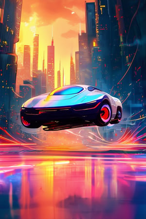 A futuristic cityscape at dusk, with neon lights reflecting off a sleek, silver hovercar, suspended mid-air, amidst a swirling vortex of colorful, iridescent gases and sparks. The car's angular design and glowing blue accents stand out against the deep orange-pink sky, as the background buildings' abstract shapes and vibrant hues create a kaleidoscope effect.