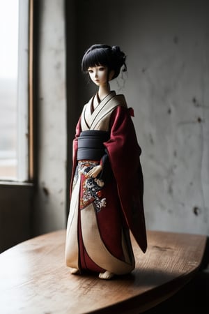 A still life photograph captures Flat Honor Chara, a solemn-faced Japanese doll with intricate kimono details and wispy bangs, posed on a worn wooden table against a soft gray background. Natural light filters through the window to her left, casting a warm glow on her serene expression.