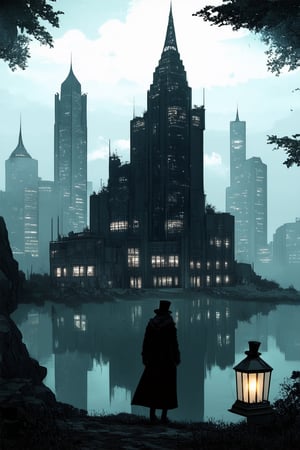 A dreamlike cityscape at dusk, where buildings melt into clouds and trees sprout from skyscrapers. A lone figure in a top hat and coat stands at the edge of a foggy lake, holding a lantern that casts an eerie glow. The atmosphere is hazy with mist, while distant city lights twinkle like stars.