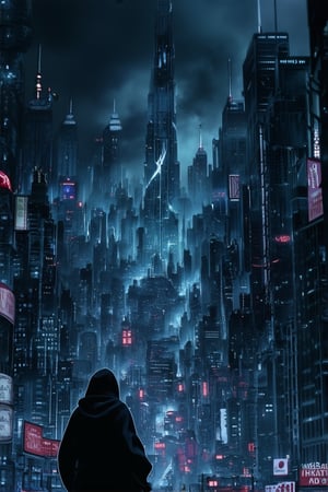 A futuristic metropolis sprawls before us, neon-drenched skyscrapers piercing the darkened sky like shards of glass. In the midst of this dystopian landscape, a lone figure stands, hoodie-clad and masked, against a backdrop of flickering holographic advertisements. The air is thick with smog and anticipation as they gaze out into the abyss.