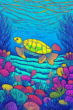 A vibrant flat 2D illustration depicting a whimsical underwater scene: schools of shimmering fish swim lazily amidst coral formations, with a curious sea turtle peeking out from behind a colorful sea anemone. Soft focus lens effect and subtle gradient shading create depth, while bold lines and bright hues bring the aquatic world to life in a playful, dreamlike manner.