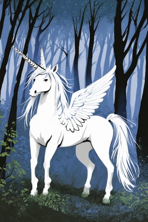 A whimsical illustration in ink, featuring a majestic unicorn with shimmering horn and delicate wings, posed against a mystical forest backdrop, where ancient trees whisper secrets to the wind. Dappled sunlight filters through leafy canopies, casting intricate shadows on the forest floor.