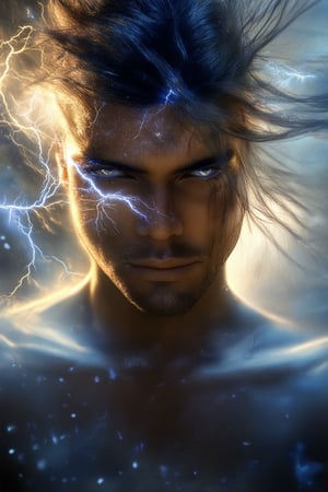 A powerful portrait of a determined individual, eyes locked onto the horizon as a fierce storm brews behind them, wind whipping their hair into a frenzy. Lightning illuminates their face, accentuating the strength and resilience etched on their features.