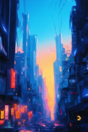 A surrealistic cityscape at dusk with a vibrant effect: neon-lit skyscrapers and bustling streets radiate an electric blue glow amidst a warm orange haze, as if the urban landscape is charged with an otherworldly energy.