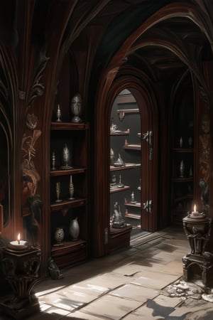 A dimly lit, ornate wooden door creaks open to reveal a mystical traditional museum. Shelves lined with ancient artifacts and mysterious relics stretch towards the vaulted ceiling, where intricate frescoes depict scenes of mythical creatures. Soft candlelight flickers, casting shadows on the walls as a sense of reverence fills the air.