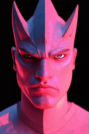 A close-up shot of a fierce warrior's face, with a bold pink lip color dominating the frame. The lighting is dramatic, with a single spotlight highlighting the subject's determined expression. The background is dark and blurred, allowing the intense gaze to take center stage. The pink hue pops against the somber tones, emphasizing the warrior's unyielding spirit.