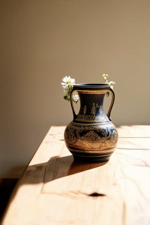 A serene still life of Mandara koka (a traditional Indian ceramic vase) on a rustic wooden table, set against a warm beige background. The vase's ornate designs and intricate patterns are highlighted by soft, golden light streaming from the side. A few fresh flowers adorn the rim, adding a pop of color to the composition.