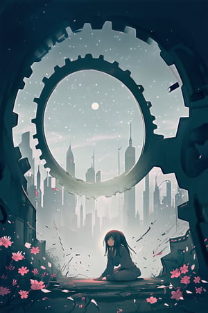 Whimsical cityscape at dusk: a labyrinthine metropolis rises from a swirling vortex of misty fog and neon lights. In the foreground, a mesmerizing anime heroine with intricate horn-like protrusions on her forehead kneels amidst shattered clockwork gears, surrounded by fluttering paper wings and delicate cherry blossoms. Soft pastel hues bleed into darkness, as if reality itself is unraveling.