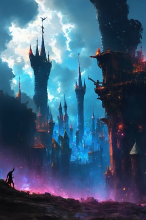 A vibrant, surreal scene unfolds in a whimsical composition: swirling clouds of iridescent blue and purple hues envelop a fantastical cityscape, where towering spires and turrets twist and turn like a mad architect's dream. In the foreground, a lone figure, a hybrid of human and machine, gazes out at the mesmerizing vista with an expression both wistful and resolute, as if contemplating the secrets hidden within the swirling mists.