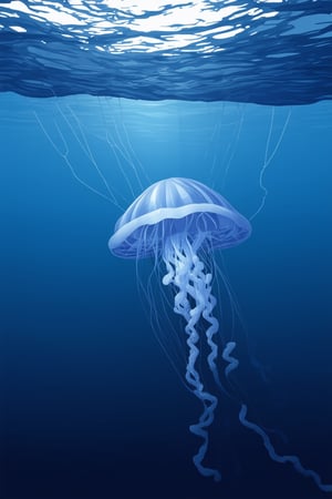 A serene underwater scene: a majestic deep blue ocean stretches out, with soft, shimmering light filtering through the water's surface. A delicate, ethereal jellyfish drifts lazily, its translucent body undulating in the gentle current. The camera captures a majestic shot from above, framing the jellyfish against a gradient of blues, with the darkness of the deep depths adding depth and mystery.