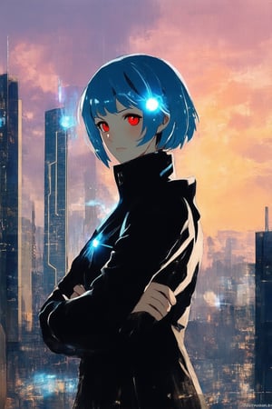 A vibrant digital artwork featuring a futuristic cityscape at sunset. In the foreground, a young woman with short blue hair and striking red eyes stands confidently, her arms crossed over a sleek black jacket adorned with glowing circuits. She gazes out at a towering skyscraper, its neon-lit facade reflecting her determined expression. The MixStyle aesthetic blends traditional anime elements with modern digital painting techniques.