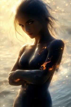 A powerful expression dominates her face as she stands defiantly at the edge of a misty lake, the early morning sunlight casting a warm glow on her determined features. Her arms are crossed, and her eyes blaze with intensity, as if daring the world to challenge her.