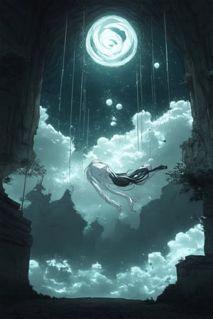 A dreamlike landscape unfolds: a swirling vortex of clouds and misty tendrils surrounds a figure floating effortlessly amidst ethereal wisps. Softly glowing orbs suspended in mid-air create an otherworldly ambiance, while the subject's tranquil expression echoes the serene atmosphere.