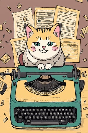 Render a whimsical, flat 2D illustration of a smiling cat sitting on a vintage typewriter, surrounded by scattered paper scraps and inkwells. The cat's fur is depicted in soft, pastel hues with subtle texture, while the typewriter and background are rendered in muted, earthy tones. Composition: the cat's face is centered, with the typewriter and papers radiating outwards, creating a sense of movement and playfulness.