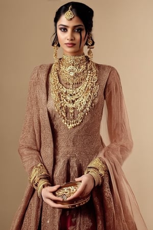 A majestic Mandana Koka in regal attire, standing confidently against a warm beige backdrop, with subtle golden highlights illuminating her features. Her dark hair falls softly down her back, framing her elegant face and ornate jewelry. A delicate gold filigree adorns her hands, as she holds a intricately carved wooden box with an air of quiet authority.