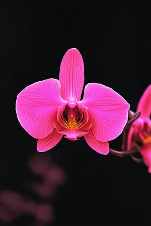 A close-up shot of a fiery pink orchid, its petals ablaze with an intense, fierce pink color, against a dark, muted background. Soft focus on the edges, with a shallow depth of field to emphasize the vibrant flower. Harsh, direct lighting accentuates the pink hue, making it seem almost otherworldly. The composition is simple, yet striking, drawing attention to the central subject.