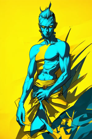 A vibrant yellow background radiates warmth as Solak's figure comes into frame. The bright hue is offset by deep shadows on their skin, accentuating sharp facial features and bold, expressive eyes. Their pose exudes confidence, with one hand resting on a hip while the other holds an object of significance, perhaps a symbol of their identity or power.