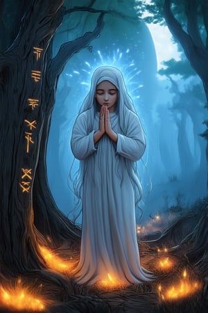 A mystical mama stands at the edge of a misty forest, surrounded by ancient trees with glowing runes etched into their bark. Soft, ethereal light emanates from her hands as she whispers incantations to awaken the forest's secrets. Her long, flowing hair is woven with sparkling silver threads that seem to hold the essence of moonlight.