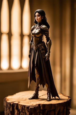 A close-up shot of Flat's Honor Chara figurine on a rustic wooden pedestal, bathed in warm golden lighting from above. The camera frames her regal face with soft focus, emphasizing the intricate details on her armor and gentle expression. Her pose exudes quiet confidence, as if ready to defend her kingdom at a moment's notice.