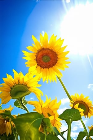 Vibrant yellow sunflowers standing tall against a bright blue sky, with soft white clouds scattered across the horizon. The warm sunlight casts a golden glow on their petals, highlighting the intricate details of each bloom. In the foreground, a single sunflower stands out, its stem slightly askew, as if it's leaning in to listen to a secret.