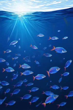 A serene underwater scene: a majestic deep blue sea stretches out to the horizon, illuminated by soft sunlight filtering down from above, casting an otherworldly glow. A school of iridescent fish swim lazily in the distance, their scales shimmering with an ethereal sheen as they dance beneath the waves.