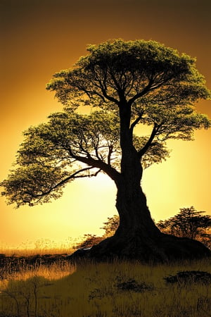 A serene mandala-adorned koka tree stands tall against a warm, golden sunset backdrop, its delicate branches and leaves gently swaying in the soft breeze. The intricate patterns on the mandala appear as a vibrant, shimmering aura surrounding the tree's rustic trunk.