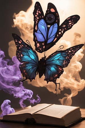 A dreamlike scene: a giant clockwork butterfly with glowing blue wings perches on a worn leather book cover, surrounded by swirling clouds of purple and orange smoke. The background is a warm golden light, with subtle texture resembling aged parchment. The butterfly's delicate legs grasp the book's cover as if in mid-descent, while its mechanical body shimmers with a soft, ethereal glow.