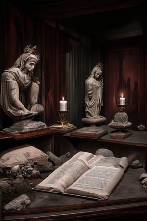 Capture a mystical atmosphere within the dimly lit walls of a traditional museum. A sense of ancient mysticism permeates the air as artifacts from forgotten civilizations are displayed on worn wooden shelves. Flickering candles cast eerie shadows on intricately carved stone statues, while dusty tomes and mysterious relics lie scattered across velvet-lined pedestals.