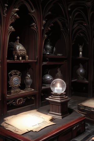 A dimly lit, ornate chamber within a mystical traditional museum, where ancient relics and mysterious artifacts are displayed on intricately carved wooden shelves. The air is thick with the scent of old parchment and mystique. A lone, flickering candle casts an eerie glow upon a pedestal holding a glowing, crystal orb.