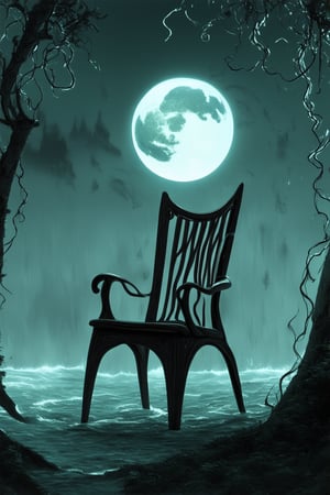 A dreamlike scenario unfolds: a whimsical wooden chair levitates amidst a sea of swirling fog, illuminated by an ethereal moonbeam casting an eerie glow. The air is thick with mystery as wispy tendrils of vapor curl around the chair's curves, while delicate vines snaking across the misty expanse seem to bind it to the unknown.