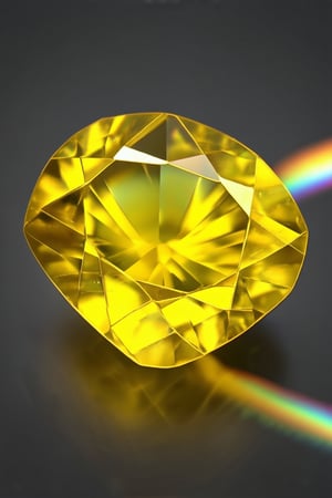 A close-up shot of a bright yellow gemstone, Solak, set against a dark gray background to make its vibrant hue pop. The stone's facets refract the light, casting tiny rainbows around it. Warm golden lighting illuminates the scene, with soft focus on the surrounding area to draw attention to the centerpiece.