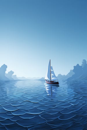 A surreal seascape: Ethereal mist swirls around the edges of a serene lake, where the sky's deep blue hue is reflected perfectly. A lone sailboat glides effortlessly across the calm water, its white sails billowing gently in the breeze. The atmosphere is mystical and peaceful.