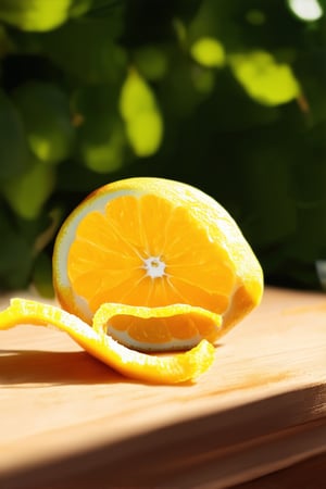 Close-up shot of a bright yellow lemon slice with a vibrant orange peel glowing in the morning sunlight, radiating warmth and energy; soft focus on the fruit's texture, subtle highlights on its ridges, and a blurred background of lush green leaves and rustic wooden table to create a stunning still life composition.