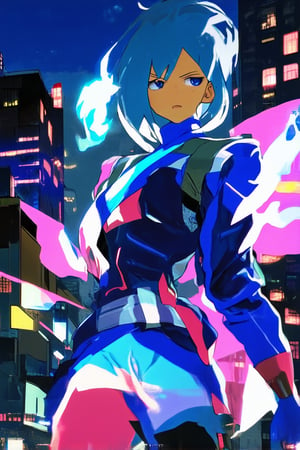 A vibrant anime-style illustration featuring a dynamic mix of colorful hues and bold lines, with a stylized character posing confidently in front of a neon-lit cityscape at dusk. Soft focus blurs the background, highlighting the subject's sharp features and energetic posture, as electric blue and pink accents dance across their outfit.