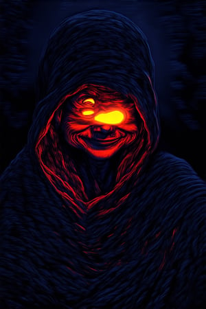 A mysterious figure shrouded in darkness, surrounded by an aura of intrigue, gazes directly at the viewer with an enigmatic smile. Soft candlelight casts eerie shadows on the subject's face, accentuating their cryptic expression. The background is a blurred, indistinct haze, drawing attention to the subject's haunting beauty.